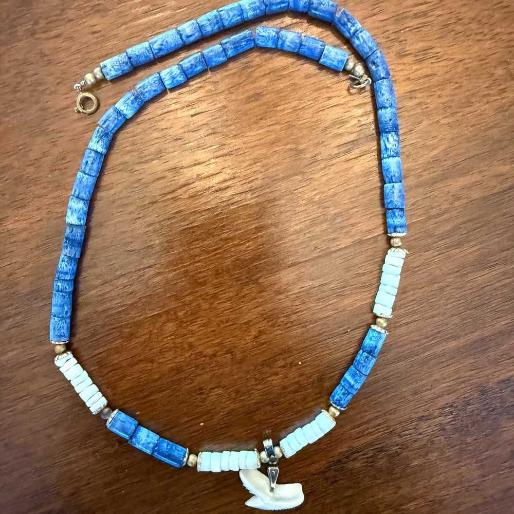 Rare blue white and gold shark tooth necklace in Heishi/puka style
